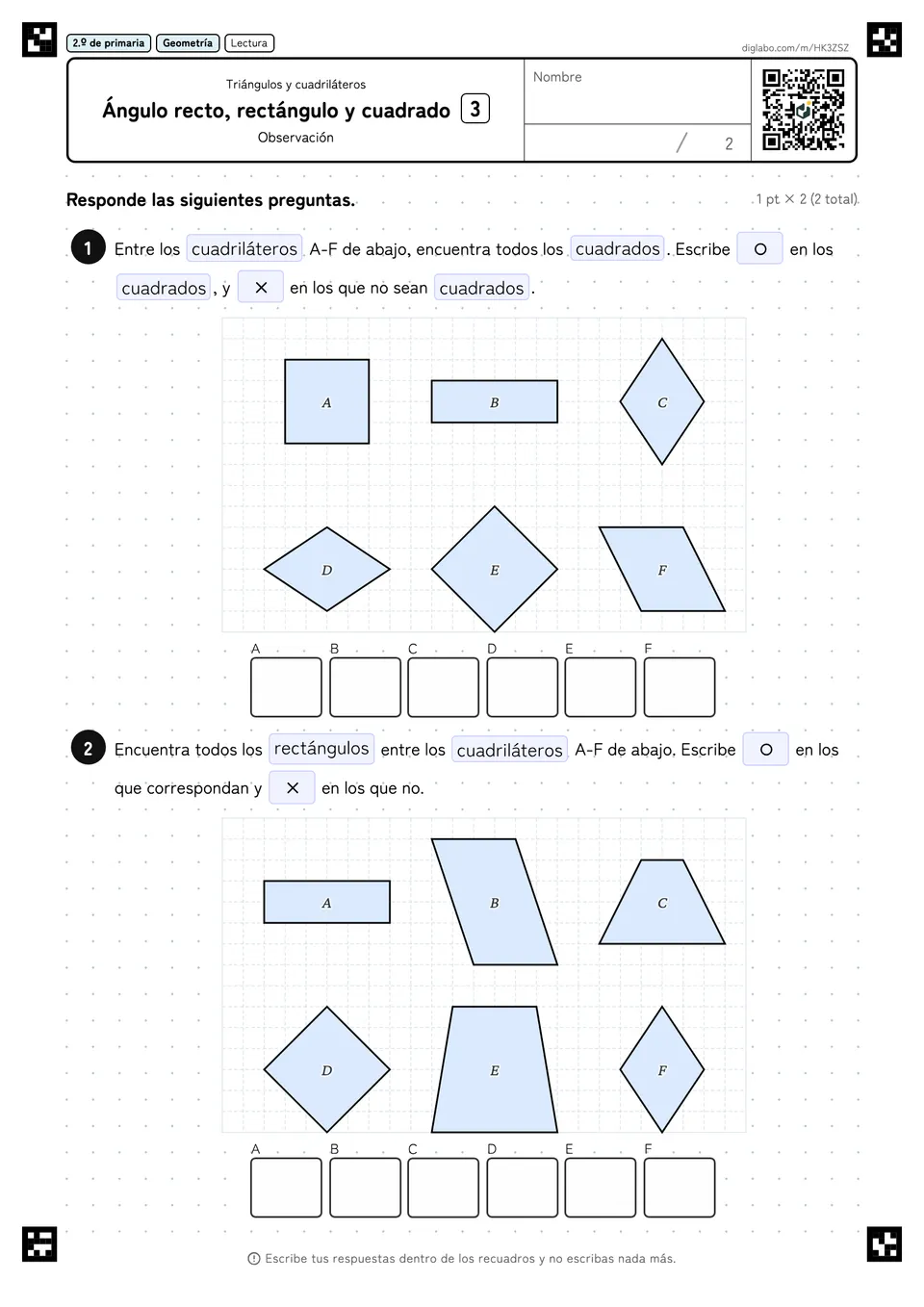 2.º de primaria Triángulos y cuadriláteros Ángulo recto, rectángulo y cuadrado