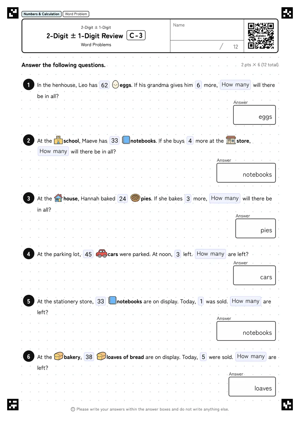 2-Digit ± 1-Digit Review C-3