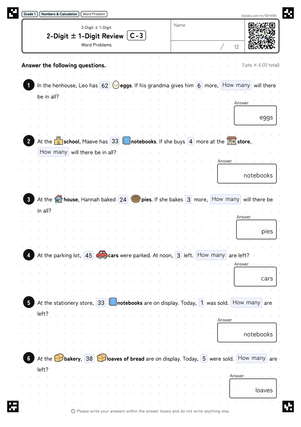 Grade 1 (Elementary School) 2-Digit ± 1-Digit 2-Digit ± 1-Digit Review
