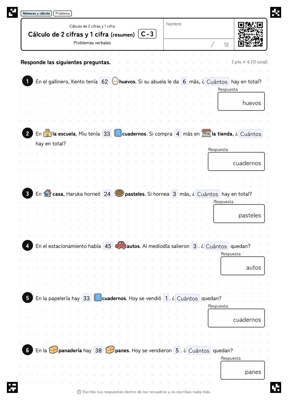 Cálculo de 2 cifras y 1 cifra (resumen) C-3