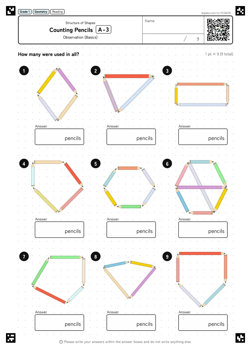 Grade 1 (Elementary School) Structure of Shapes Counting Pencils