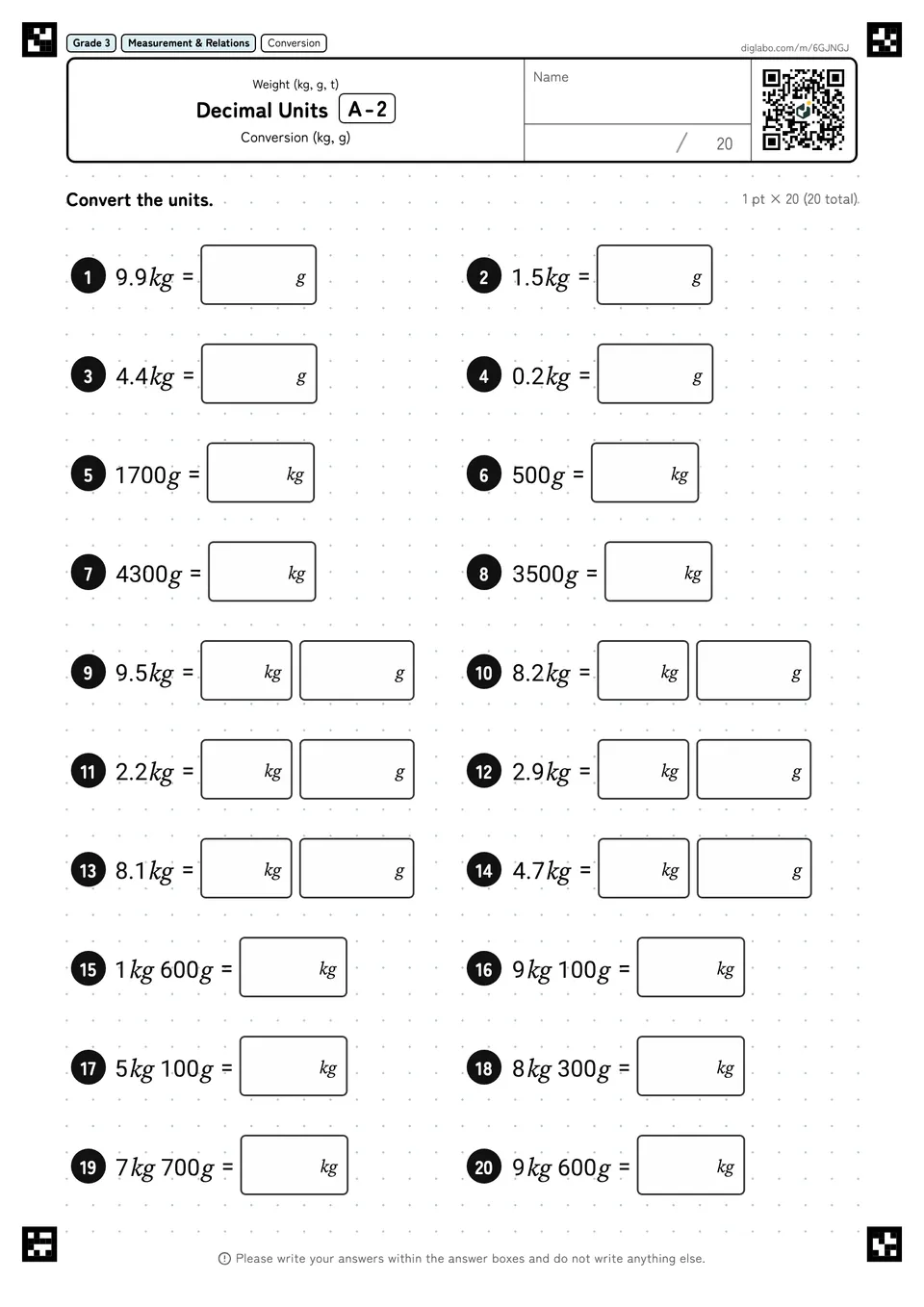 Grade 3 (Elementary School) Weight (kg, g, t) Decimal Units