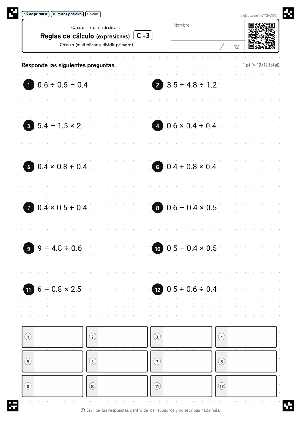 5.º de primaria Cálculo mixto con decimales Reglas de cálculo (expresiones)
