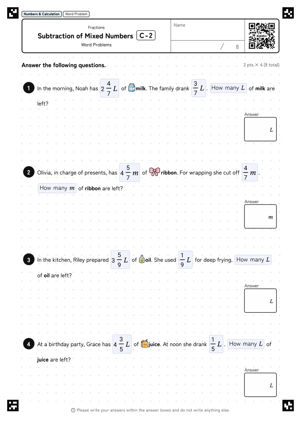 Subtraction of Mixed Numbers C-2