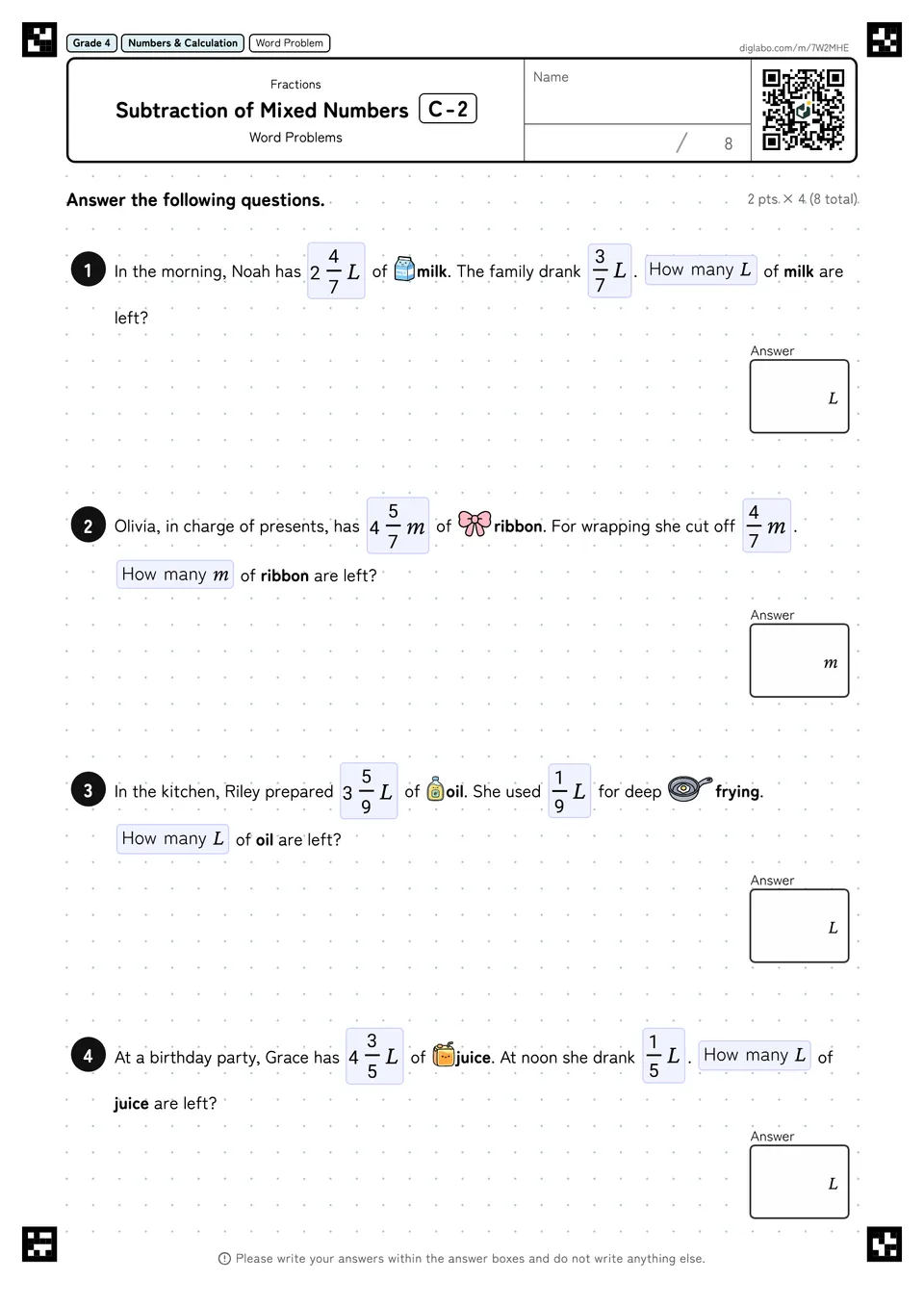 Grade 4 (Elementary School) Fractions Subtraction of Mixed Numbers