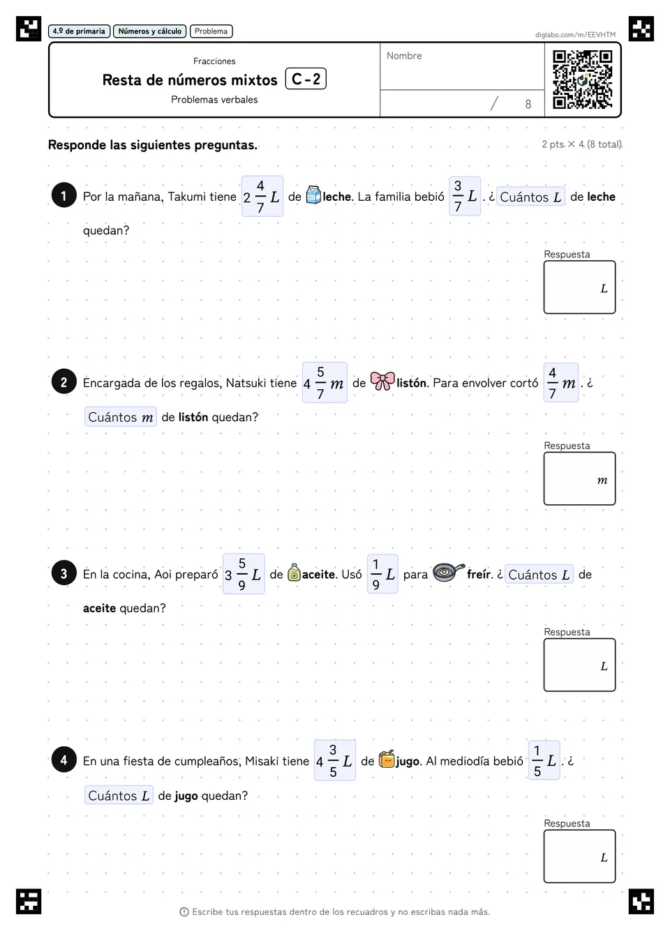 4.º de primaria Fracciones Resta de números mixtos