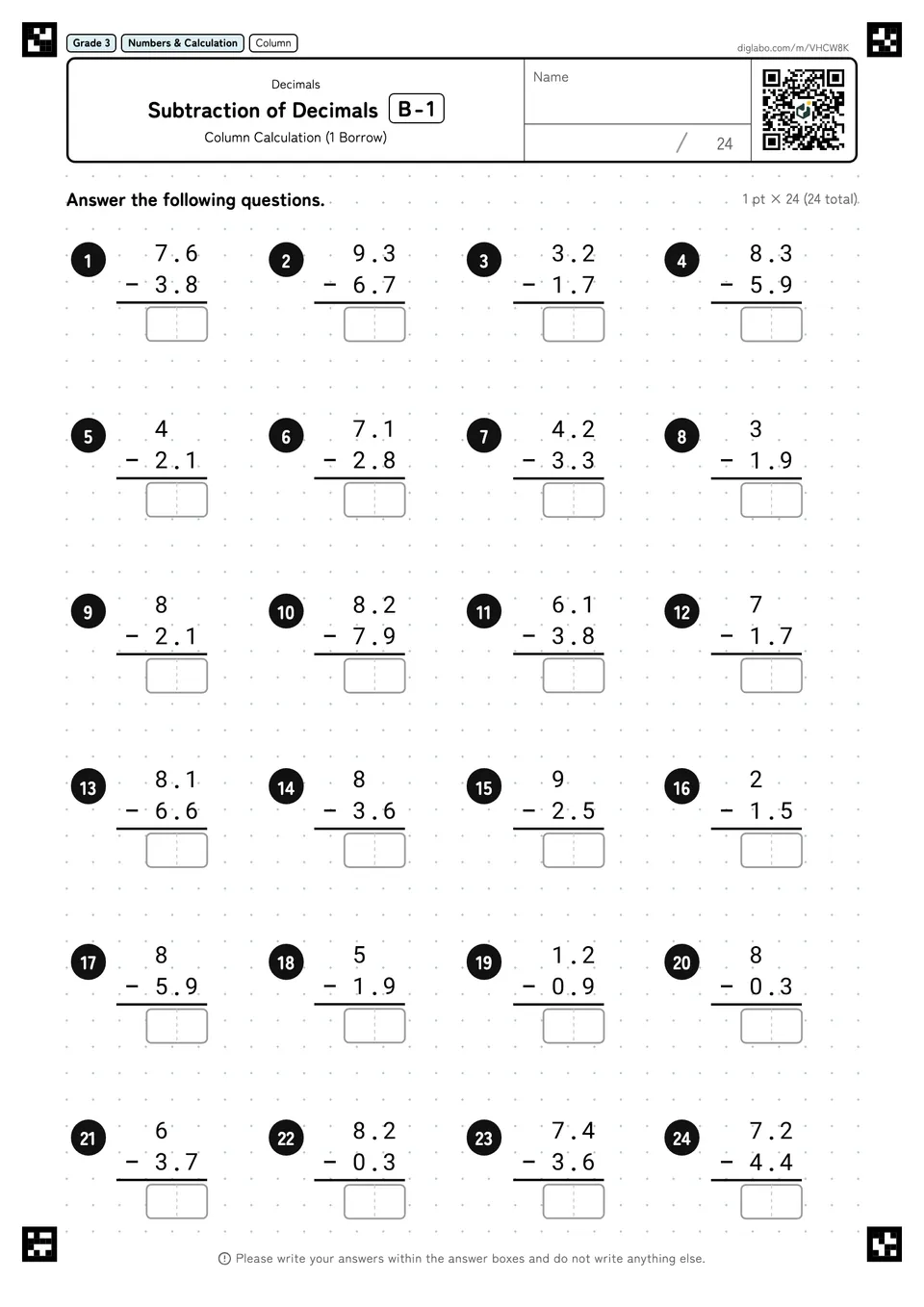 Grade 3 (Elementary School) Decimals Subtraction of Decimals