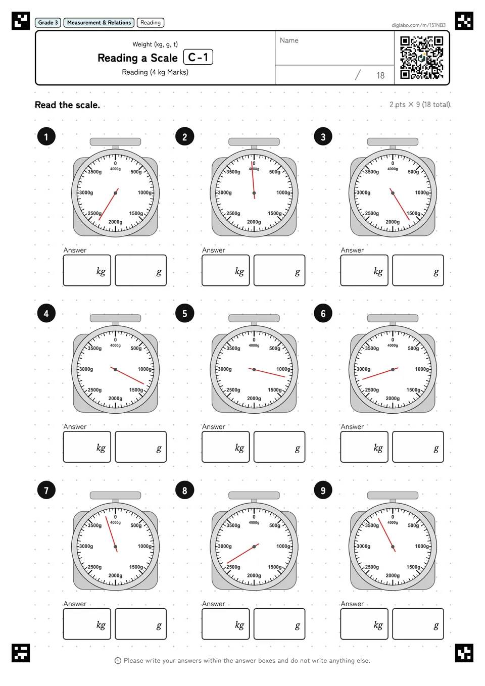 Grade 3 (Elementary School) Weight (kg, g, t) Reading a Scale