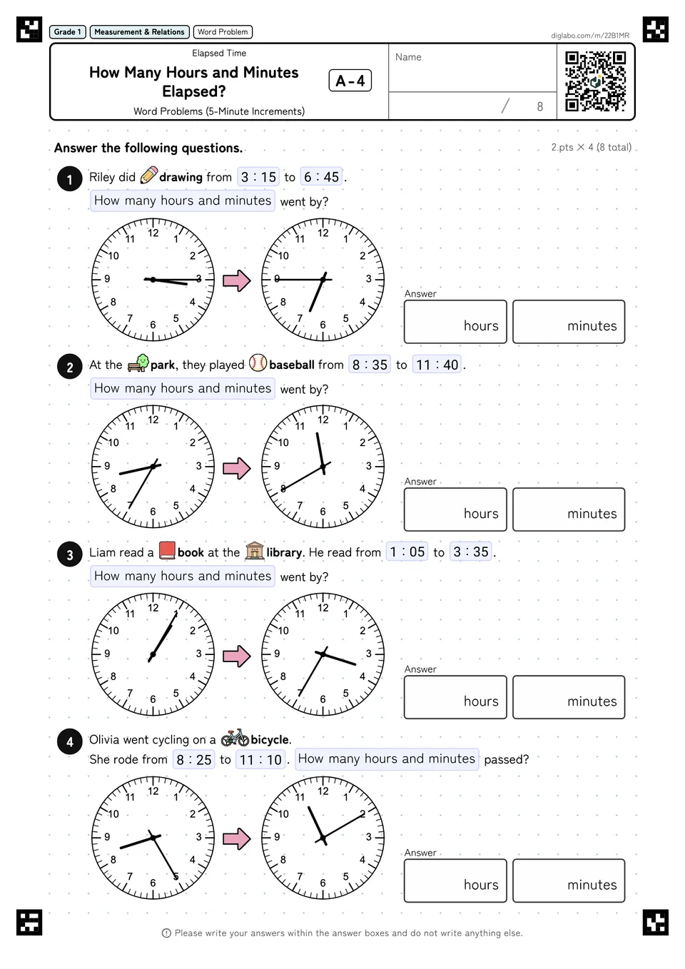 Grade 1 (Elementary School) Elapsed Time How Many Hours and Minutes Elapsed?
