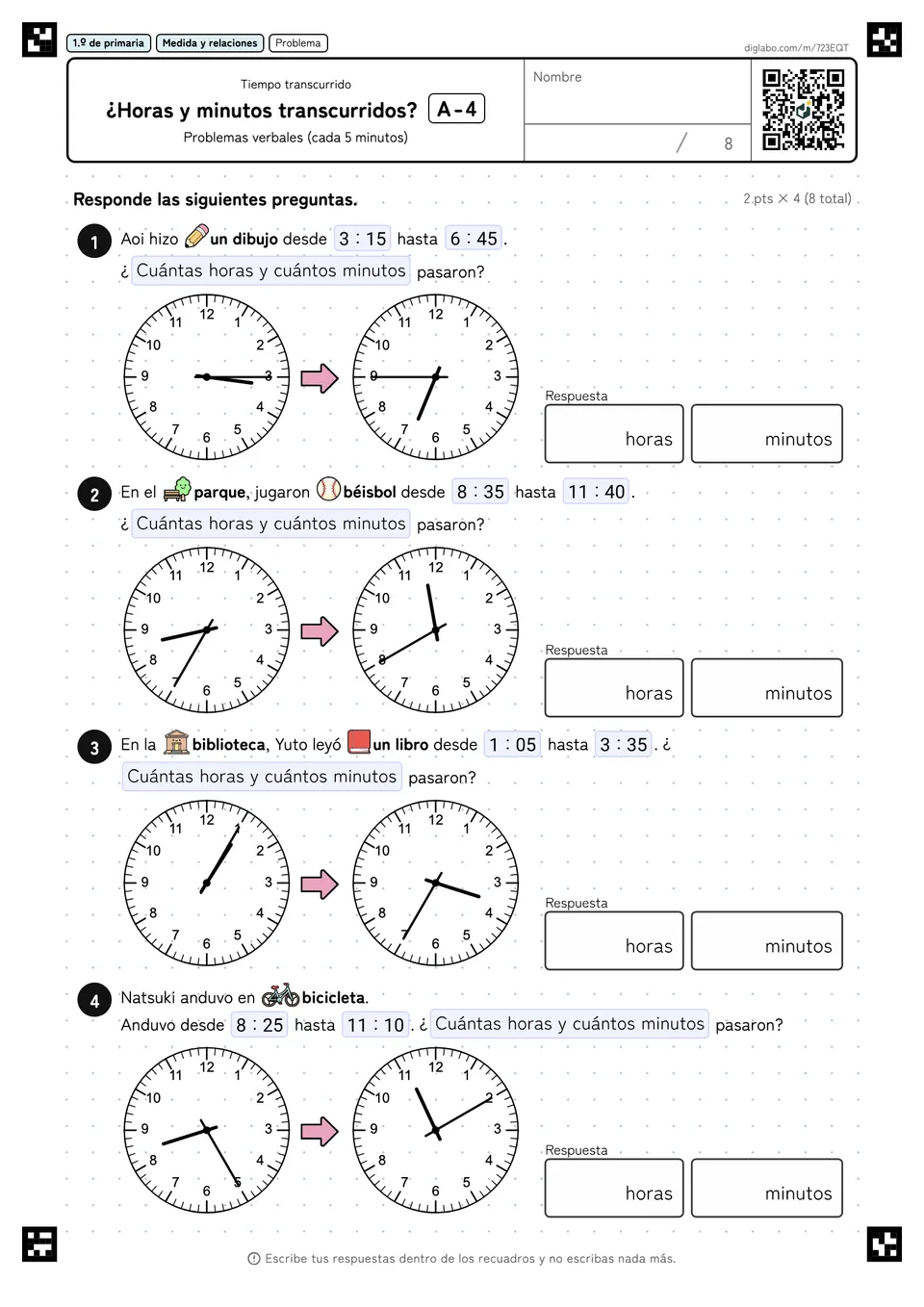 1.º de primaria Tiempo transcurrido ¿Horas y minutos transcurridos?