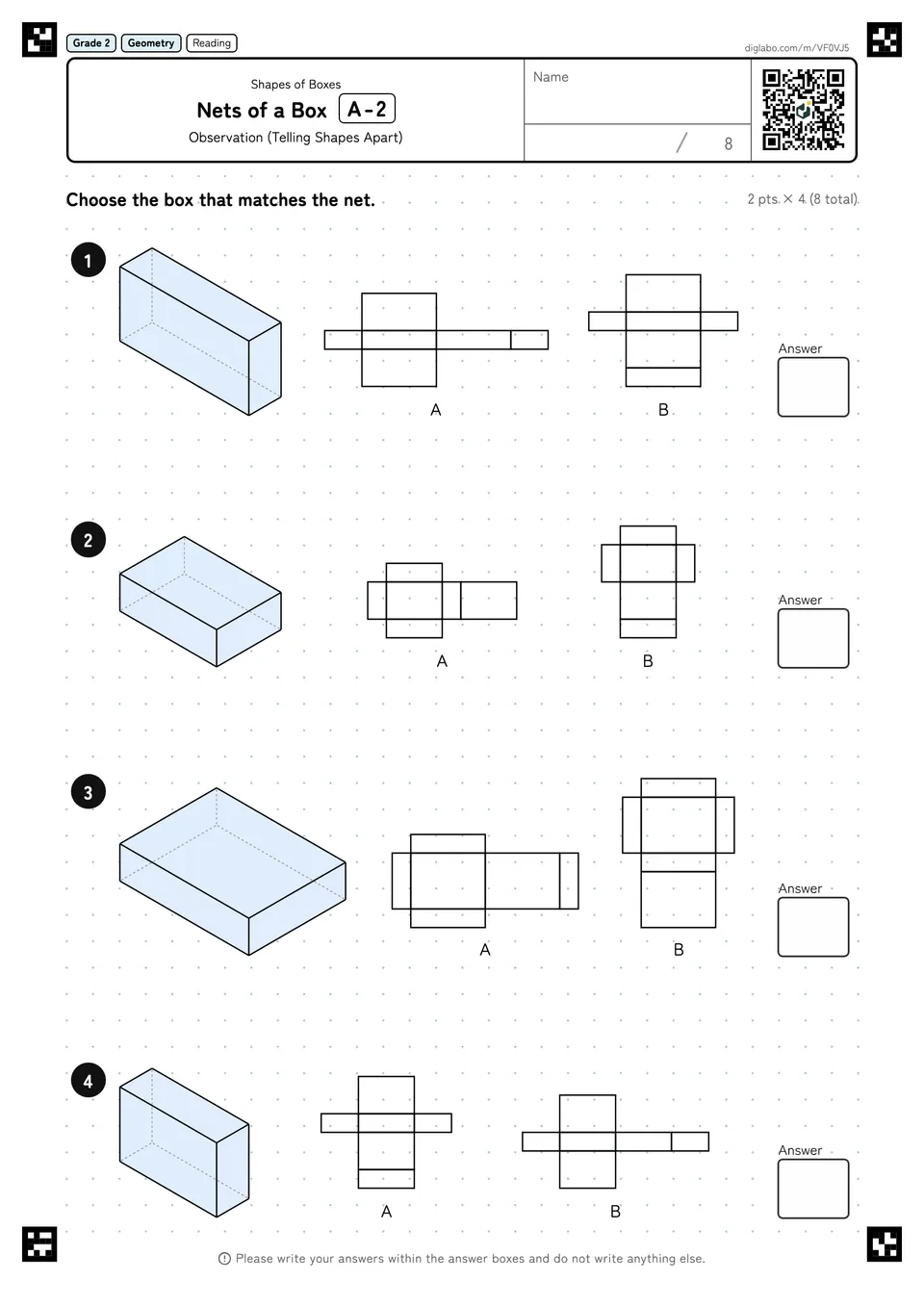 Grade 2 (Elementary School) Shapes of Boxes Nets of a Box