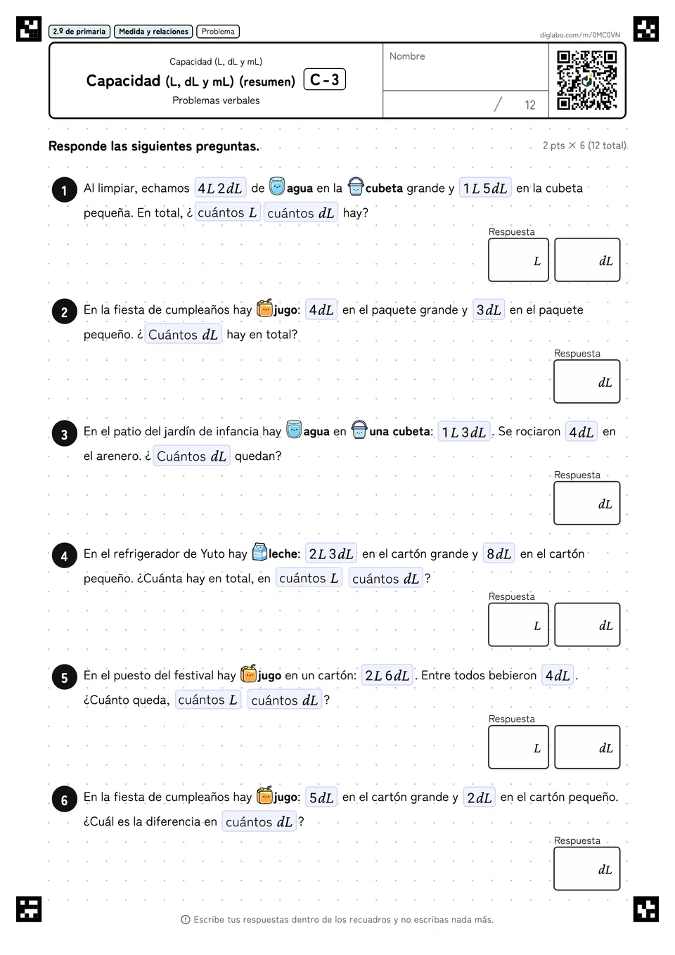 2.º de primaria Capacidad (L, dL y mL) Capacidad (L, dL y mL) (resumen)