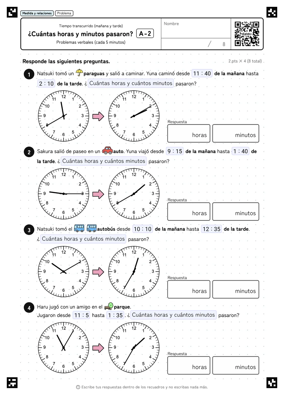 ¿Cuántas horas y minutos pasaron? A-2