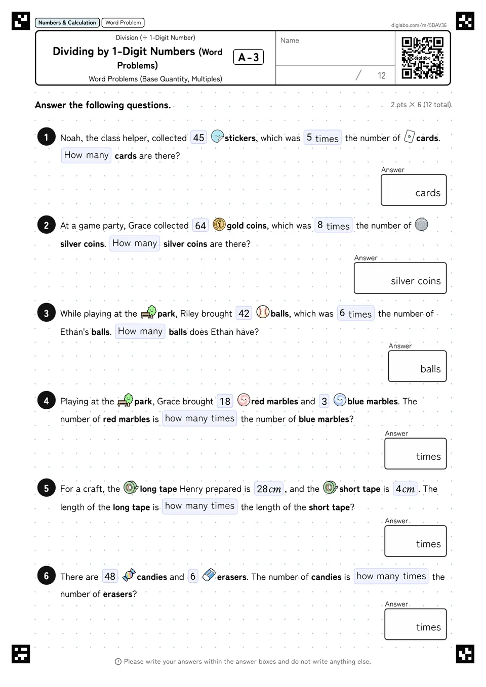 Dividing by 1-Digit Numbers (Word Problems) A-3