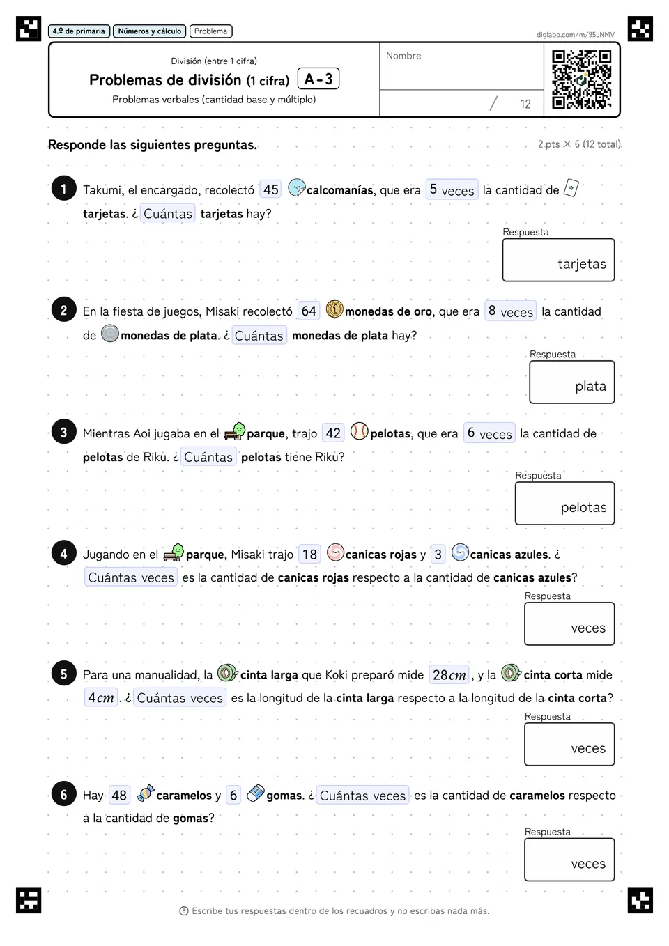 4.º de primaria División (entre 1 cifra) Problemas de división (1 cifra)