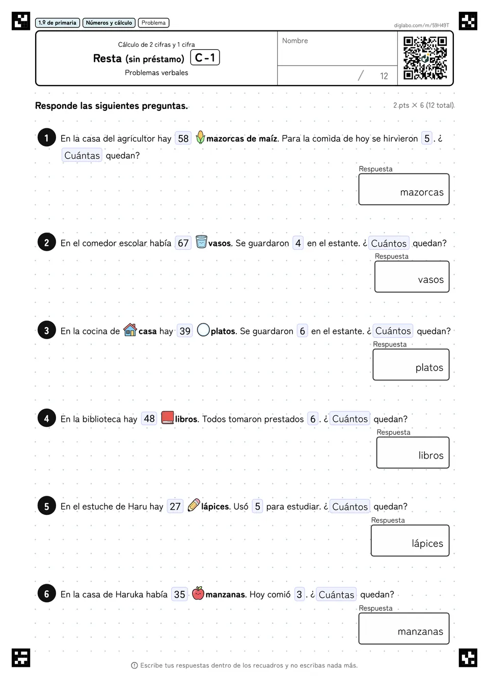 1.º de primaria Cálculo de 2 cifras y 1 cifra Resta (sin préstamo)