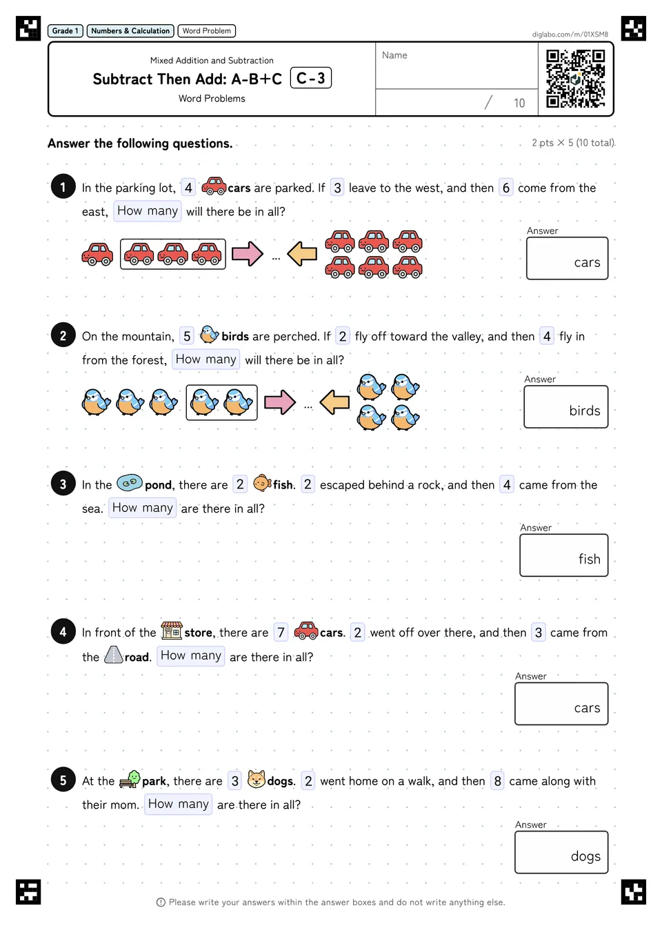 Grade 1 (Elementary School) Mixed Addition and Subtraction Subtract Then Add: A-B+C