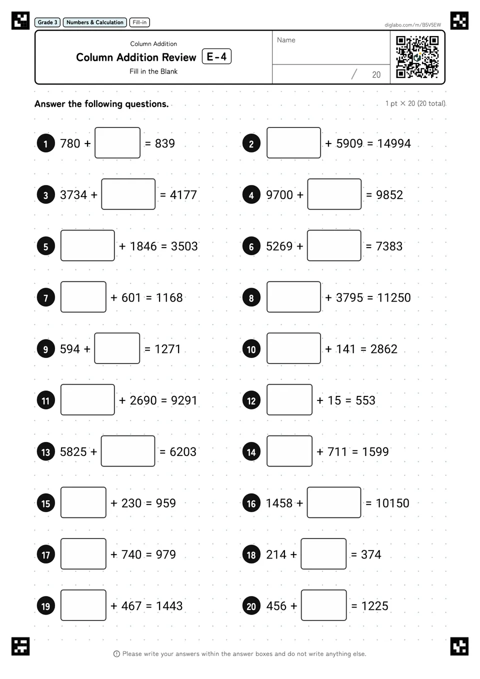Grade 3 (Elementary School) Column Addition Column Addition Review