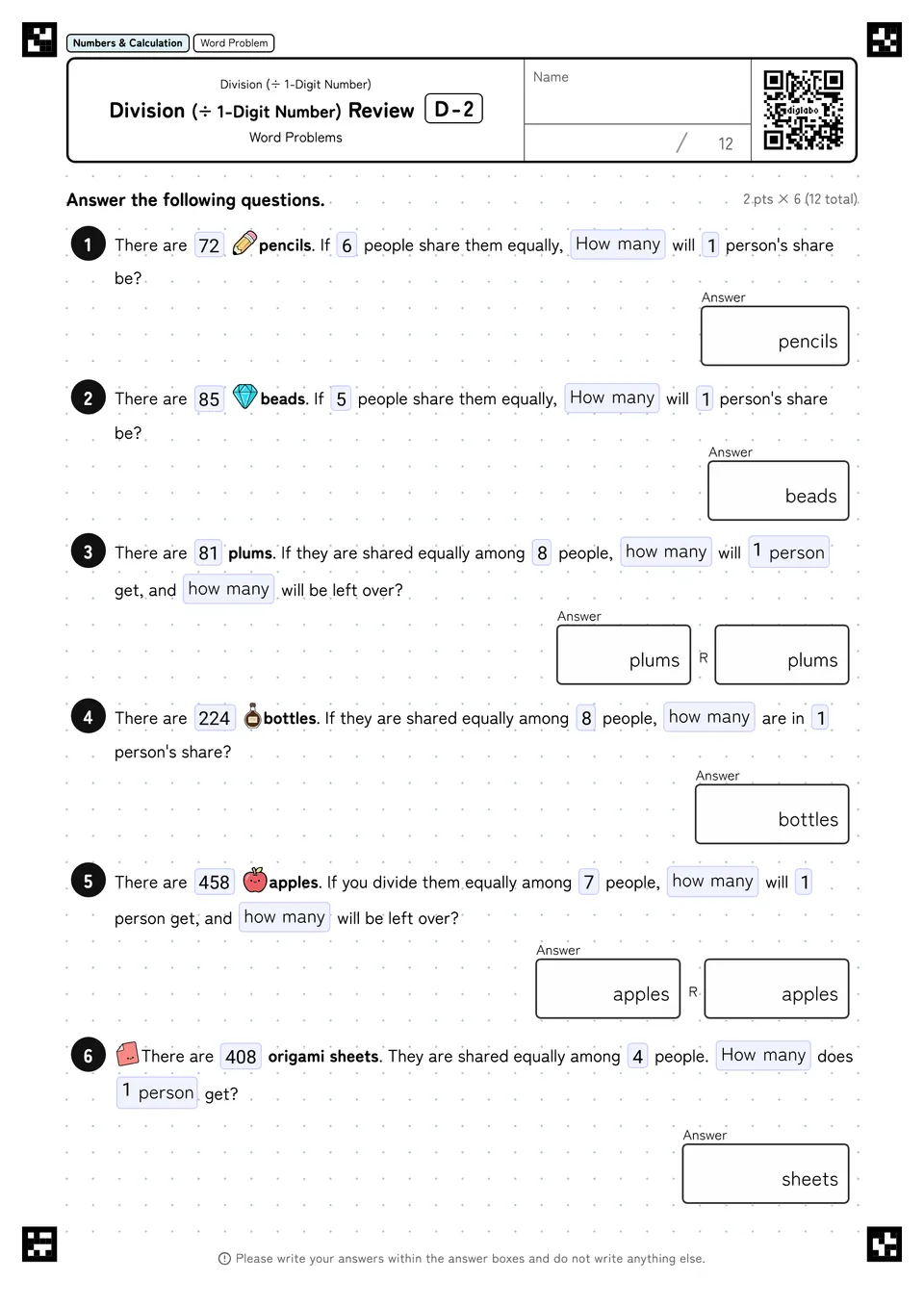 Division (÷ 1-Digit Number) Review D-2