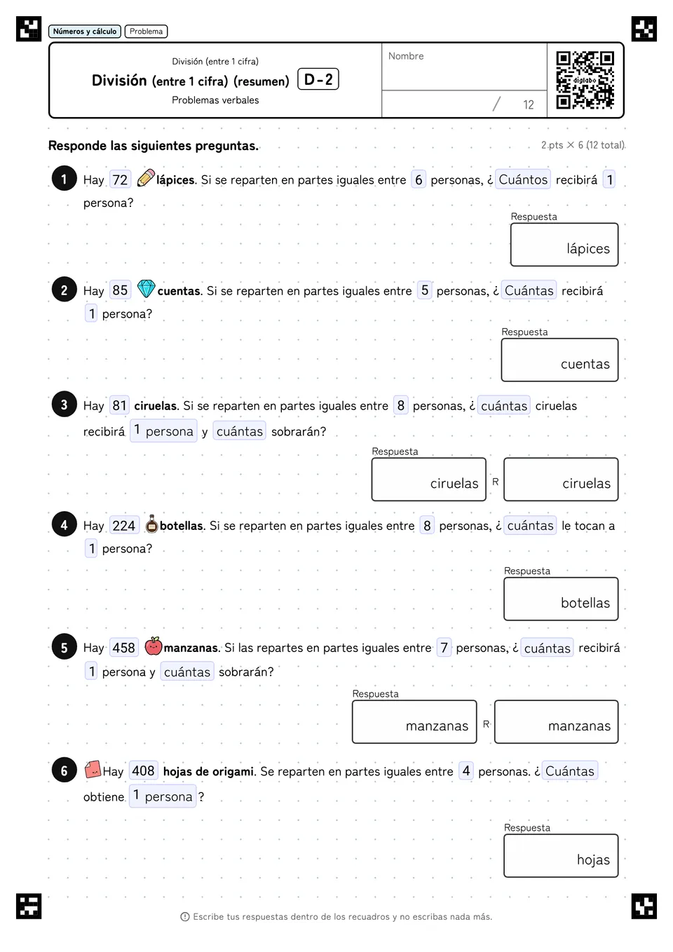 División (entre 1 cifra) (resumen) D-2