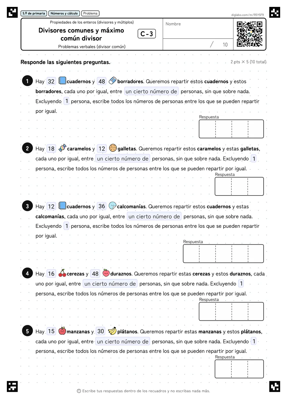5.º de primaria Propiedades de los enteros (divisores y múltiplos) Divisores comunes y máximo común divisor