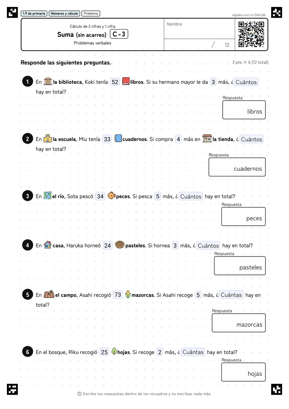 1.º de primaria Cálculo de 2 cifras y 1 cifra Suma (sin acarreo)