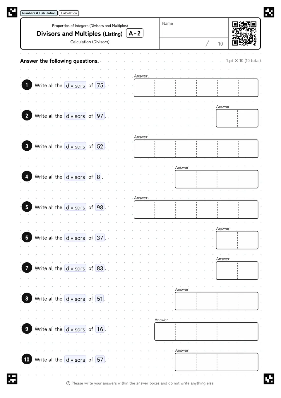 Divisors and Multiples (Listing) A-2