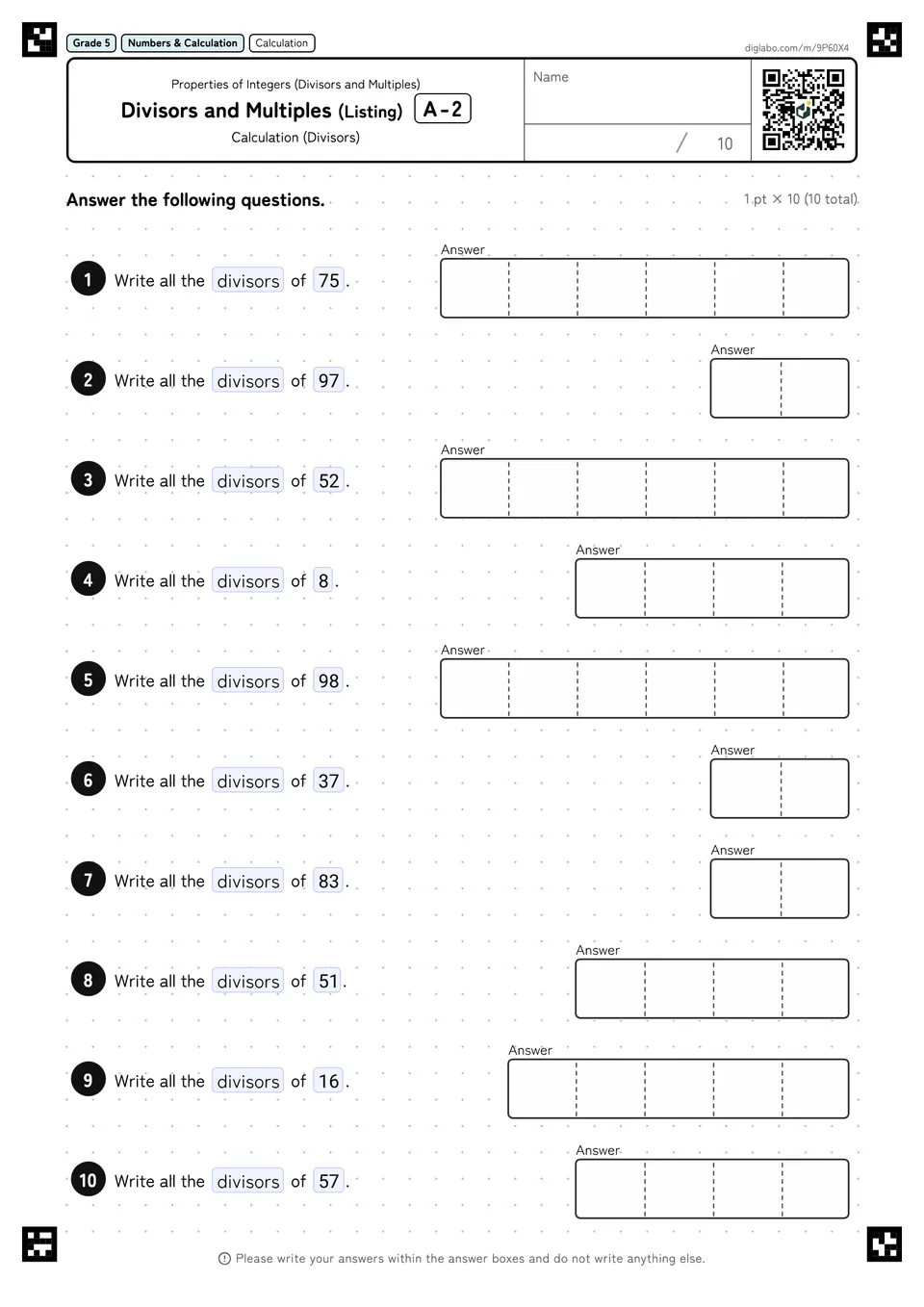 Grade 5 (Elementary School) Properties of Integers (Divisors and Multiples) Divisors and Multiples (Listing)