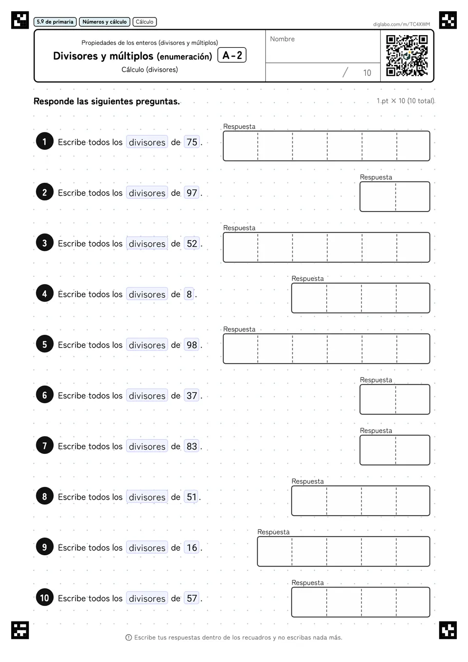 5.º de primaria Propiedades de los enteros (divisores y múltiplos) Divisores y múltiplos (enumeración)