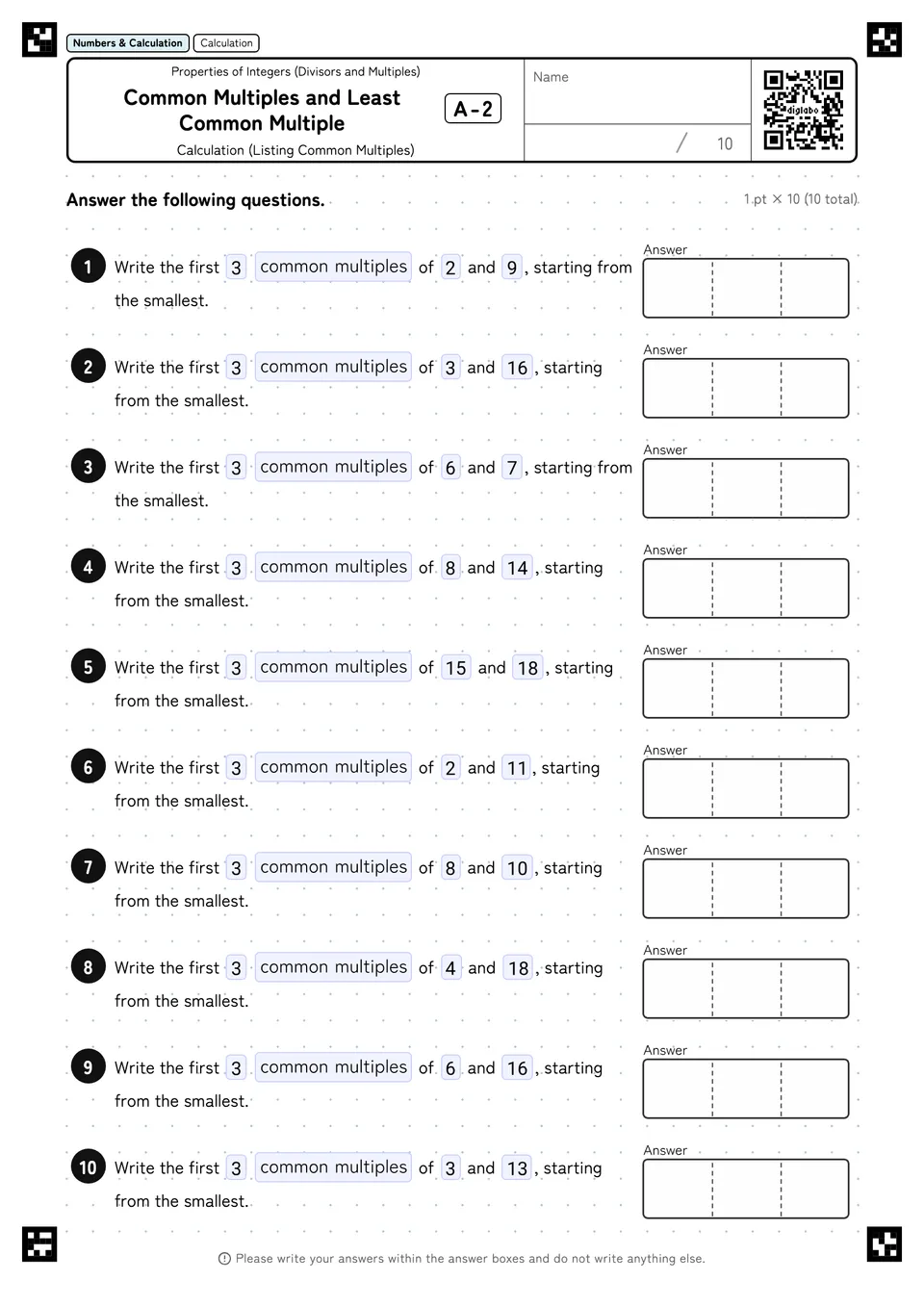 Common Multiples and Least Common Multiple A-2