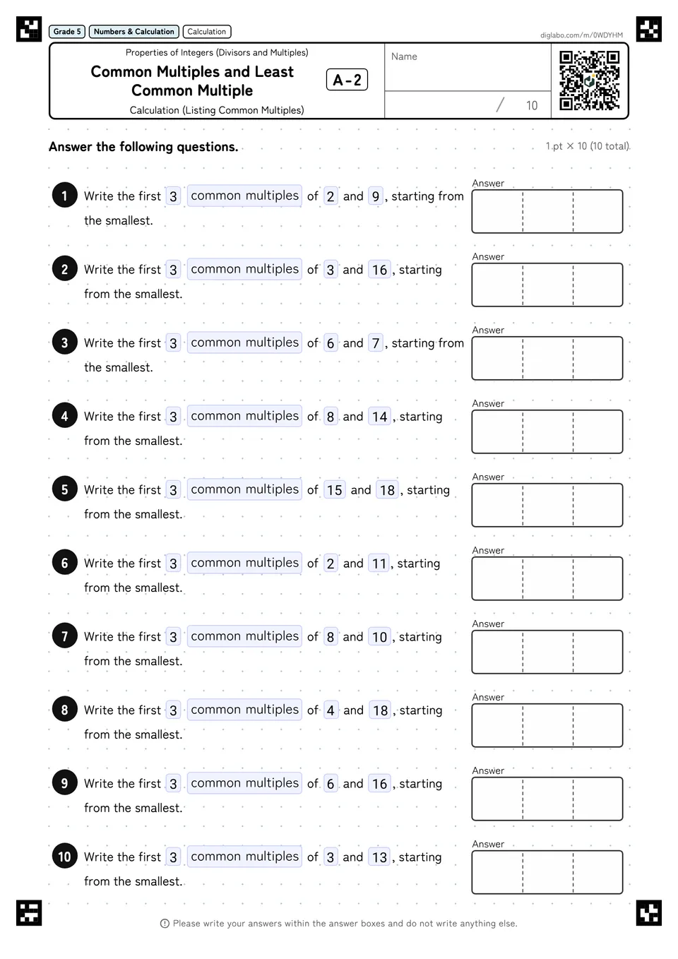 Grade 5 (Elementary School) Properties of Integers (Divisors and Multiples) Common Multiples and Least Common Multiple