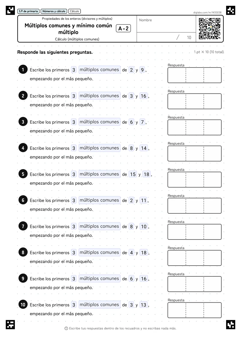 5.º de primaria Propiedades de los enteros (divisores y múltiplos) Múltiplos comunes y mínimo común múltiplo