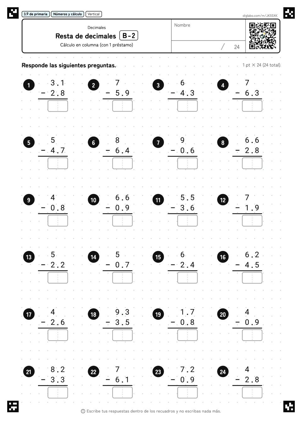 3.º de primaria Decimales Resta de decimales