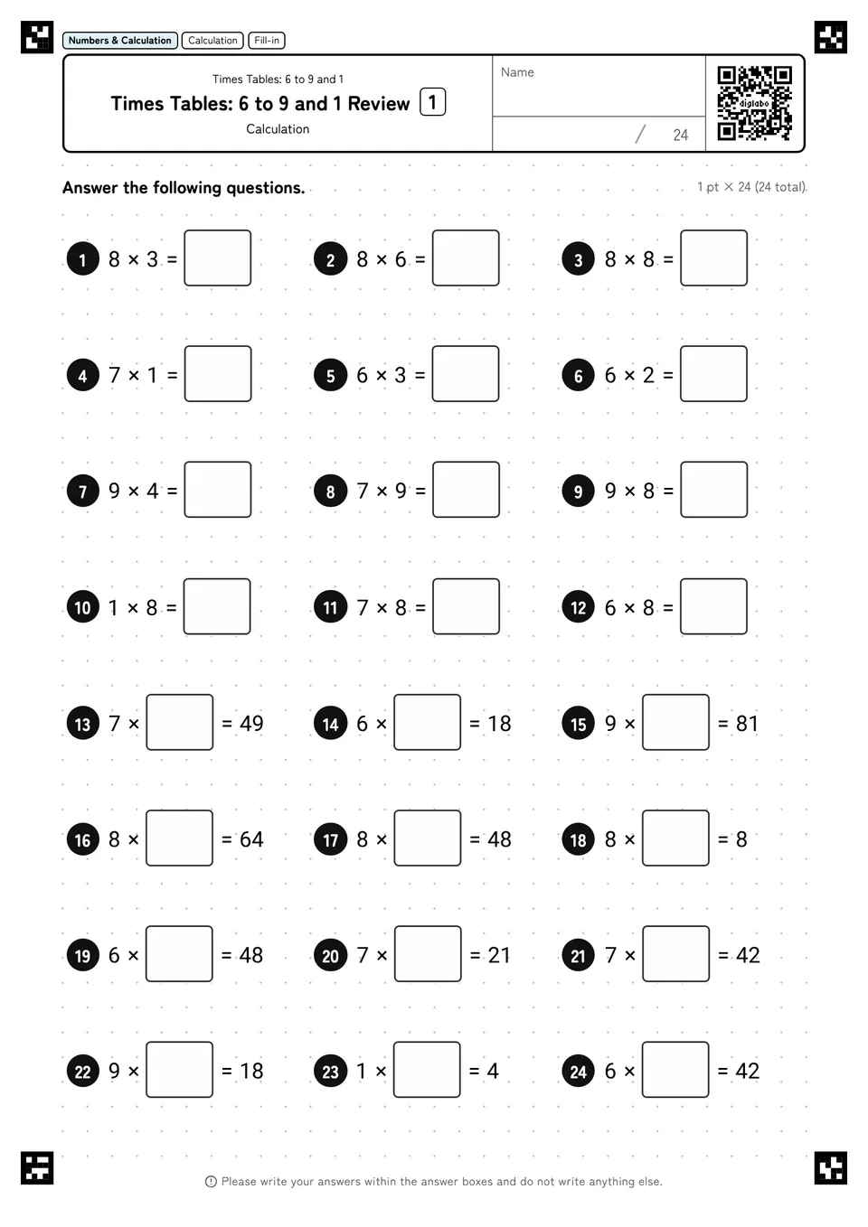Times Tables: 6 to 9 and 1 Review 1