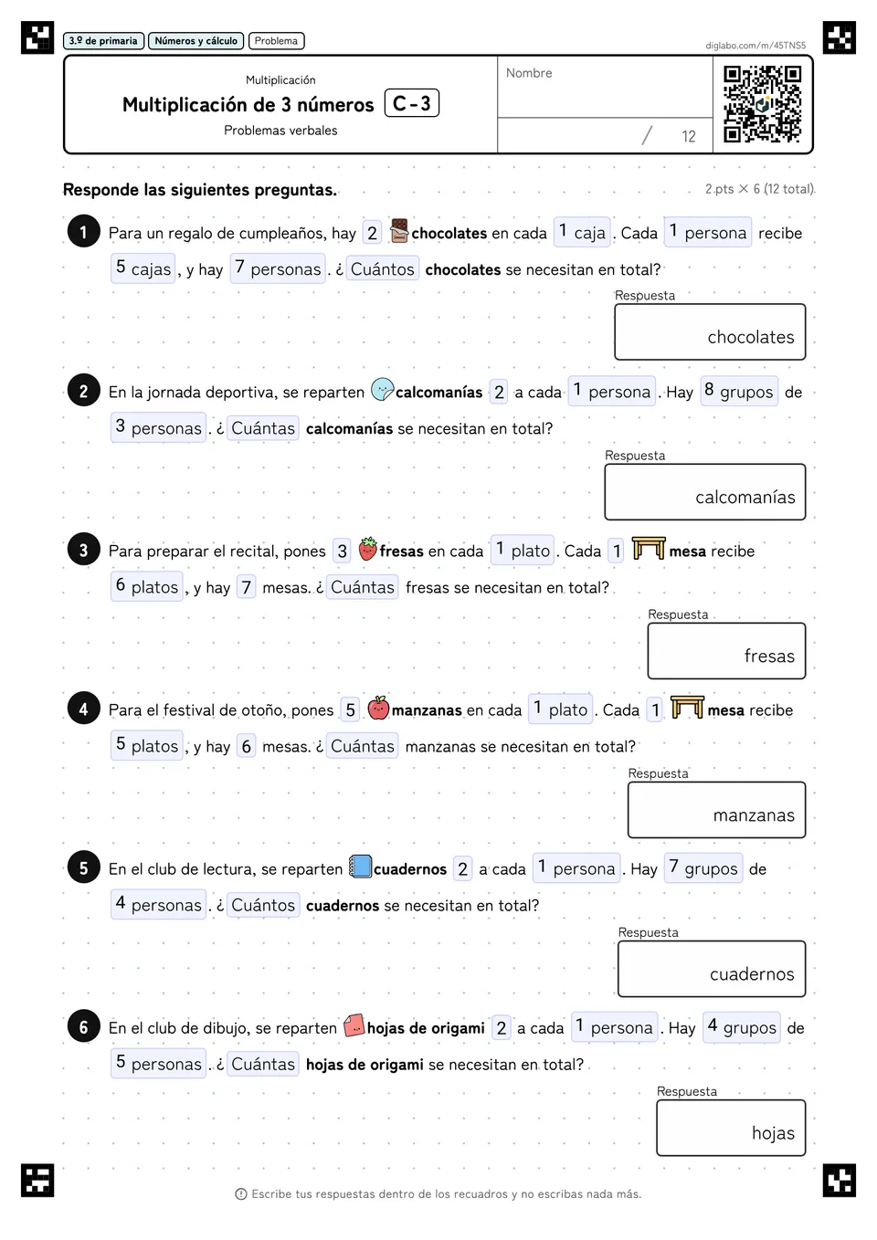 3.º de primaria Multiplicación Multiplicación de 3 números