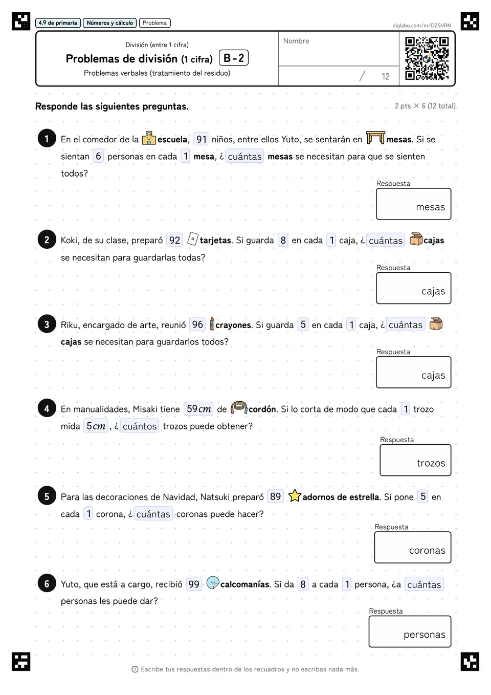 4.º de primaria División (entre 1 cifra) Problemas de división (1 cifra)