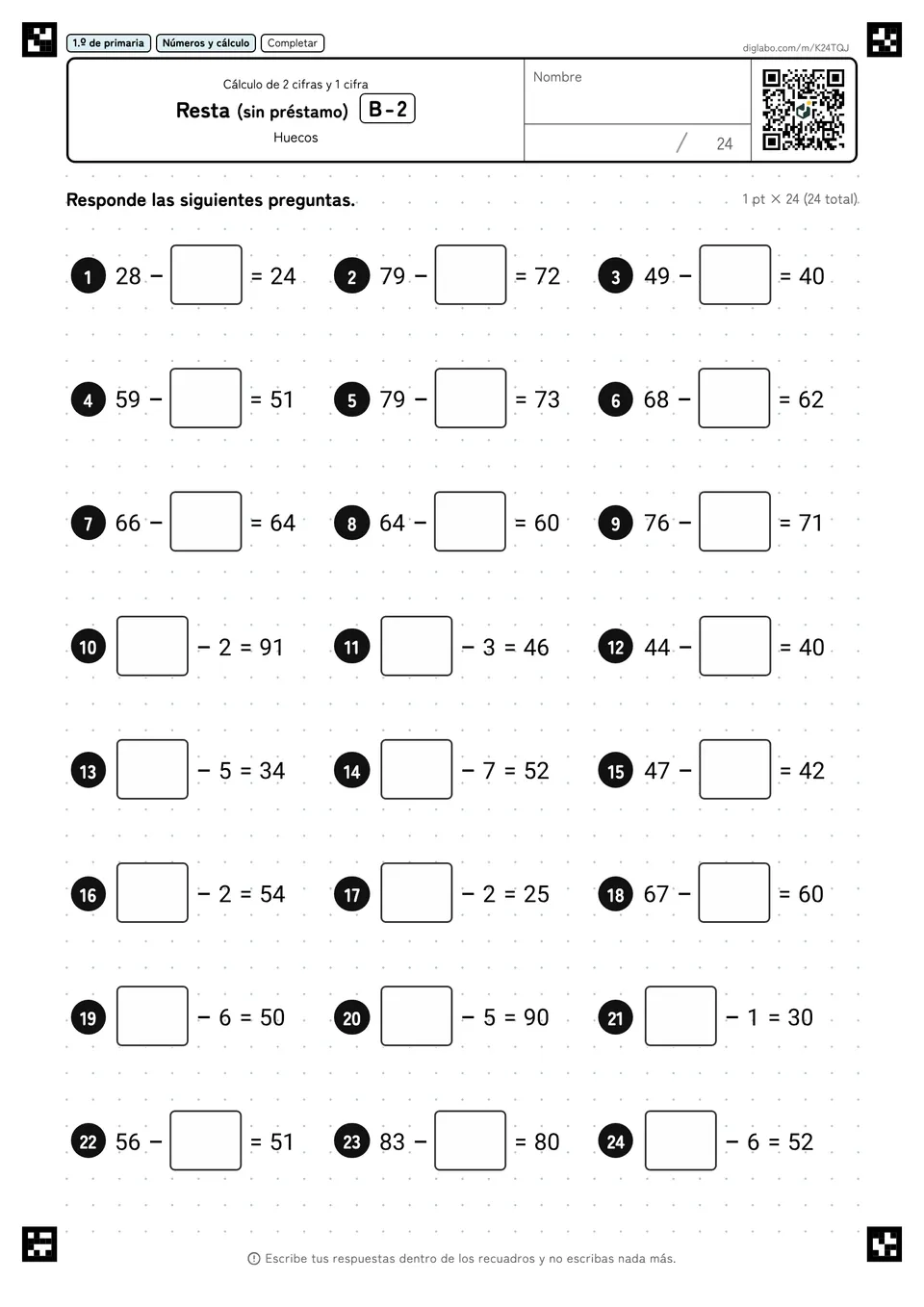 1.º de primaria Cálculo de 2 cifras y 1 cifra Resta (sin préstamo)