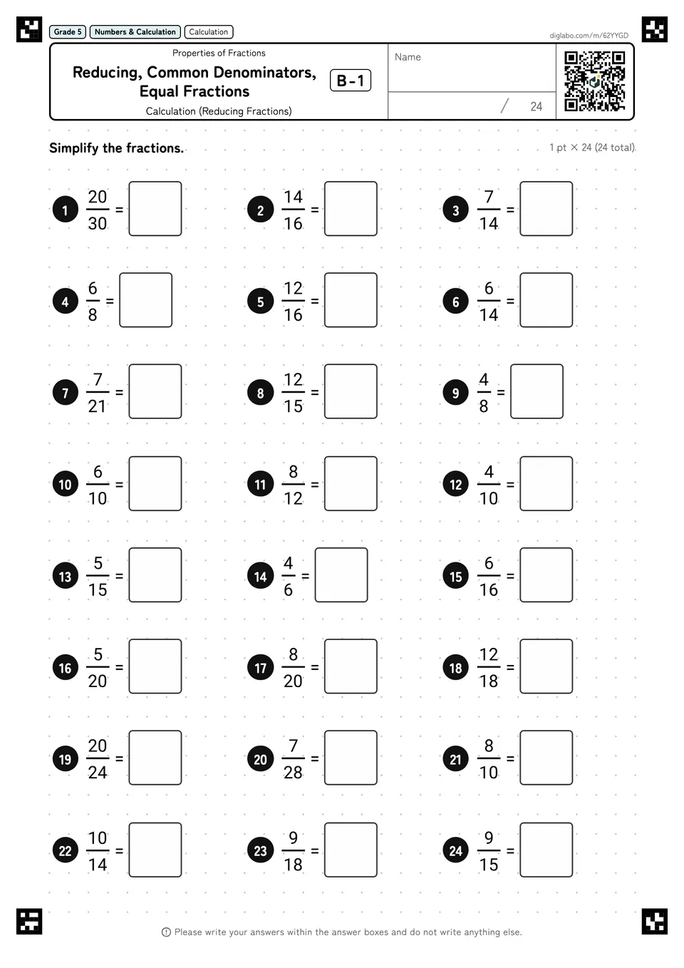 Grade 5 (Elementary School) Properties of Fractions Reducing, Common Denominators, Equal Fractions