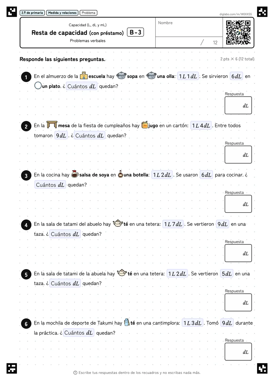 2.º de primaria Capacidad (L, dL y mL) Resta de capacidad (con préstamo)