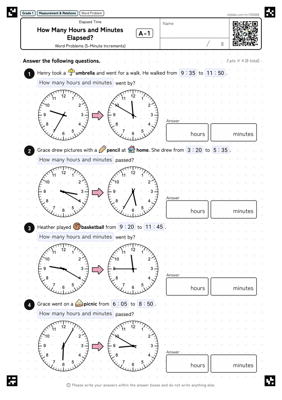 Grade 1 (Elementary School) Elapsed Time How Many Hours and Minutes Elapsed?