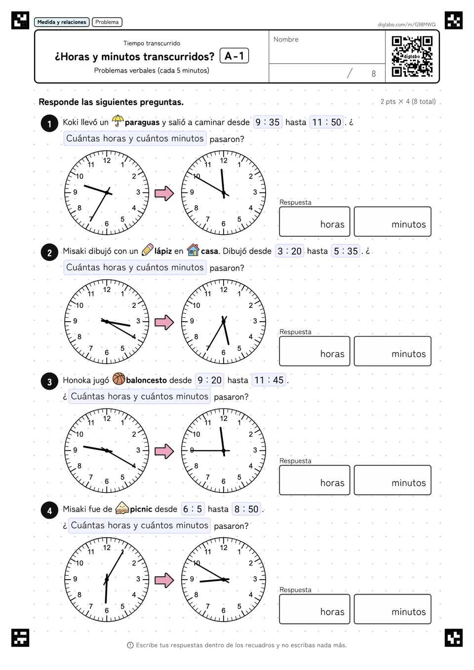 ¿Horas y minutos transcurridos? A-1