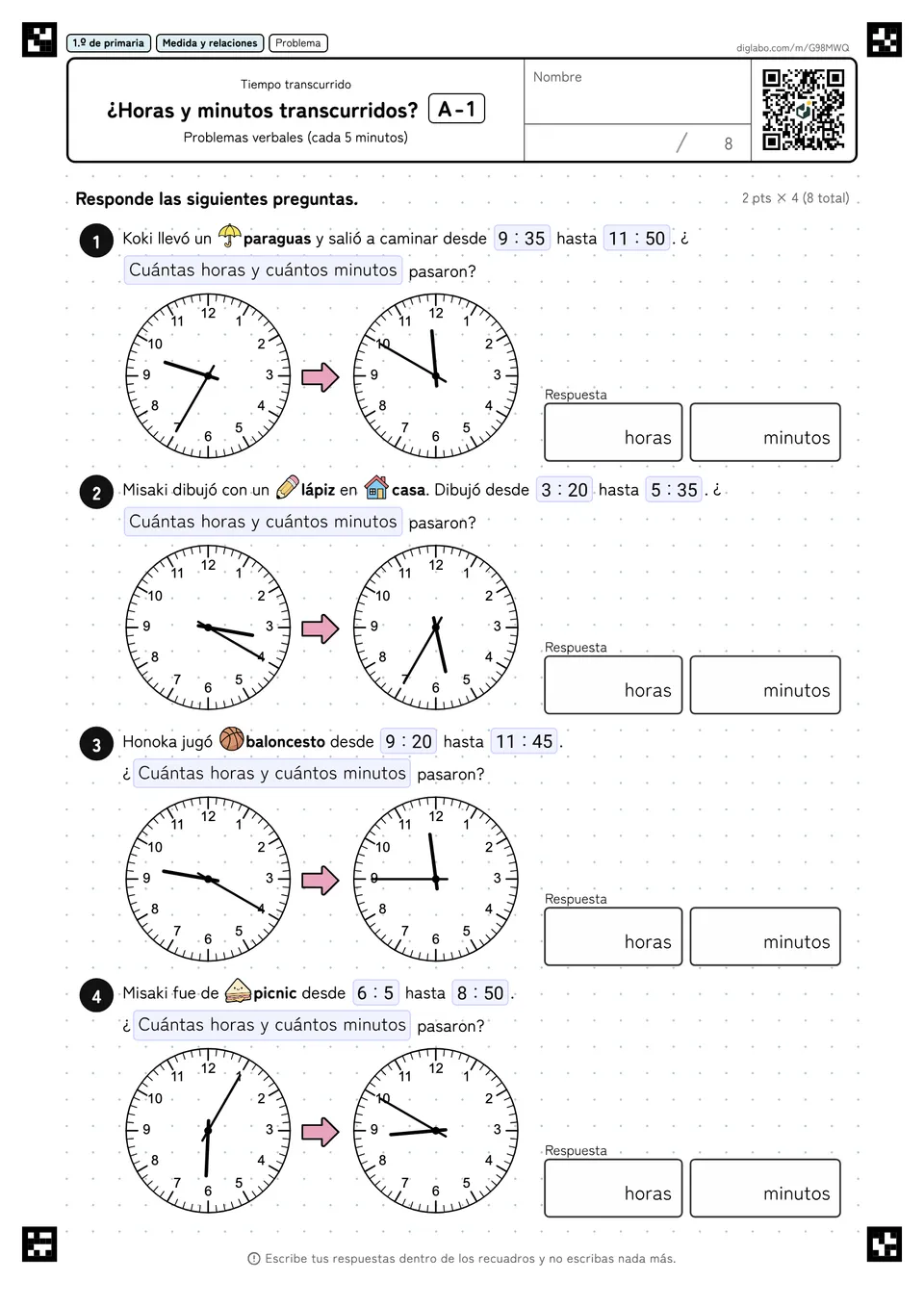 1.º de primaria Tiempo transcurrido ¿Horas y minutos transcurridos?