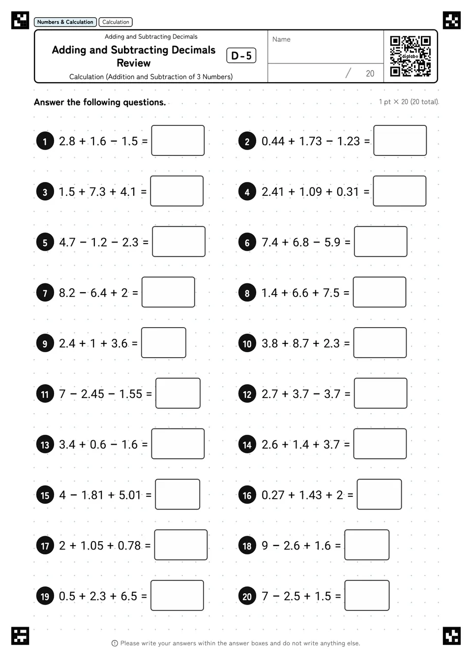 Adding and Subtracting Decimals Review D-5