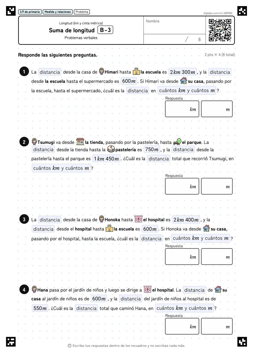 3.º de primaria Longitud (km y cinta métrica) Suma de longitud