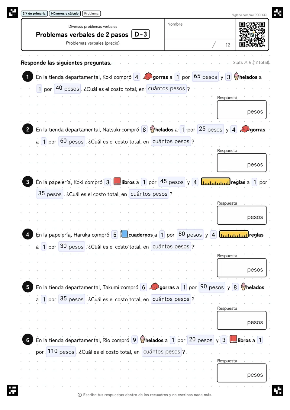 3.º de primaria Diversos problemas verbales Problemas verbales de 2 pasos