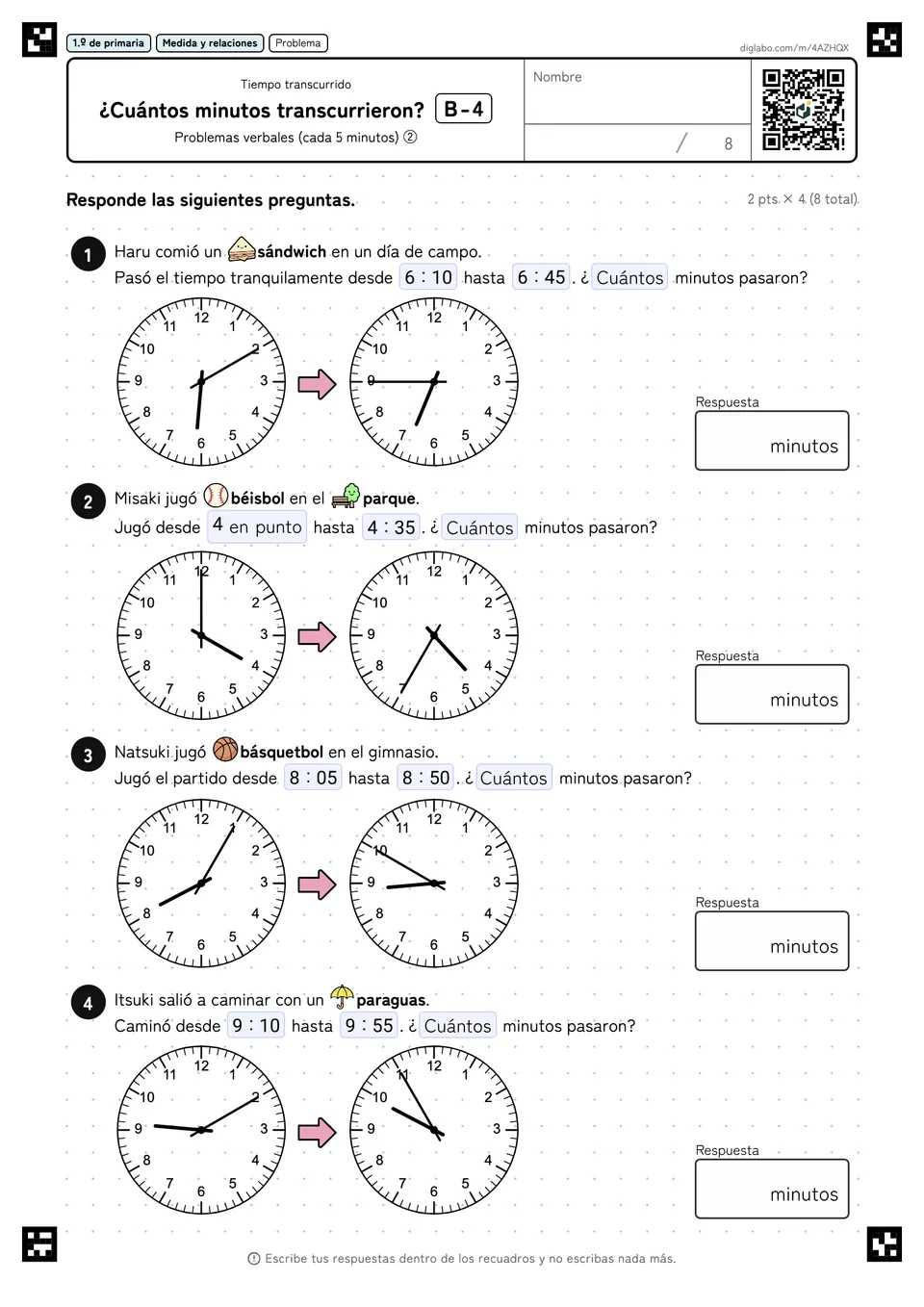 1.º de primaria Tiempo transcurrido ¿Cuántos minutos transcurrieron?