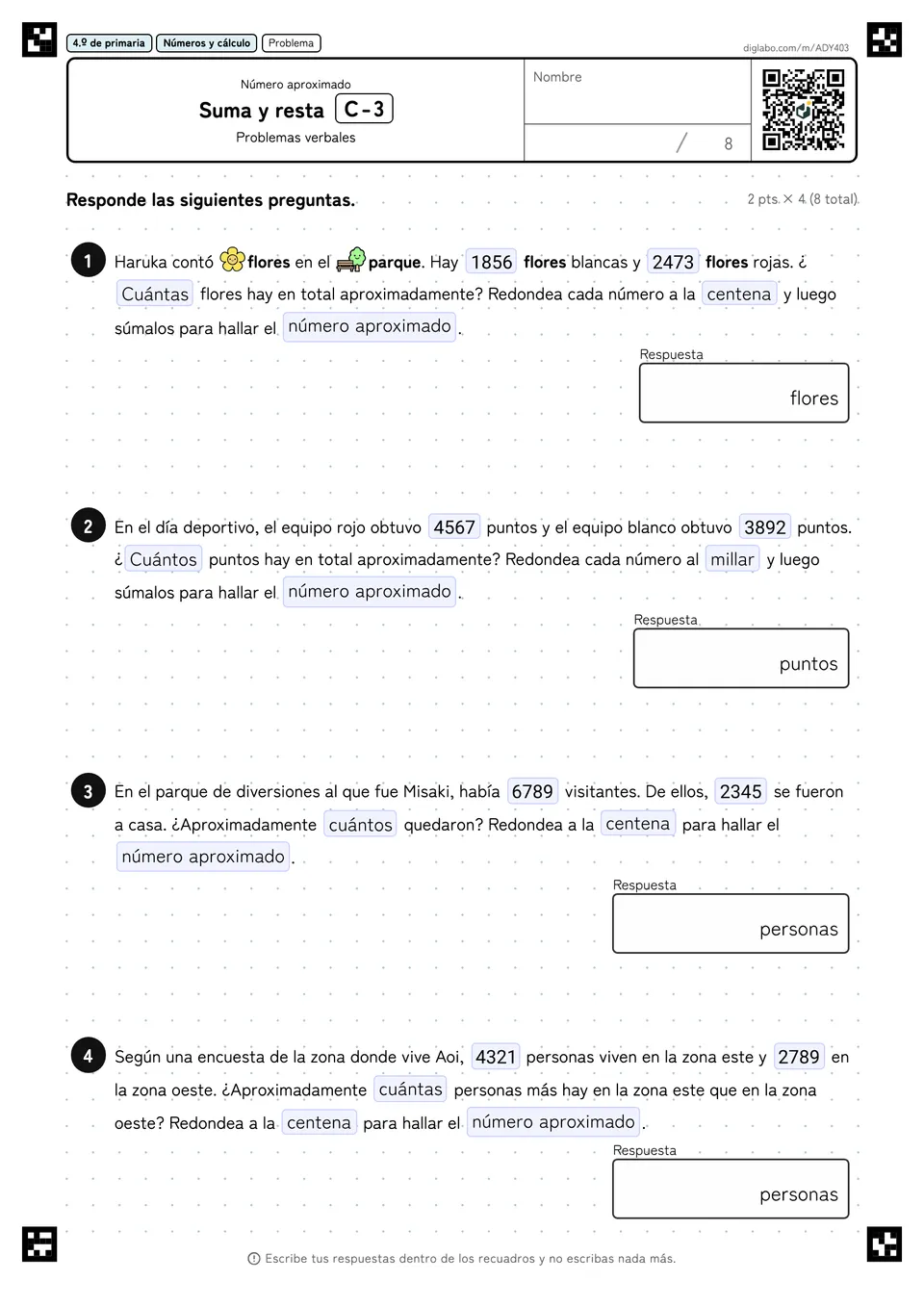 4.º de primaria Número aproximado Suma y resta