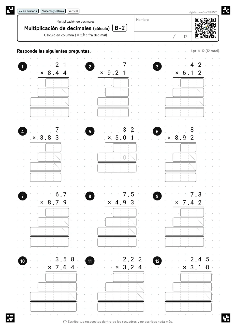 5.º de primaria Multiplicación de decimales Multiplicación de decimales (cálculo)