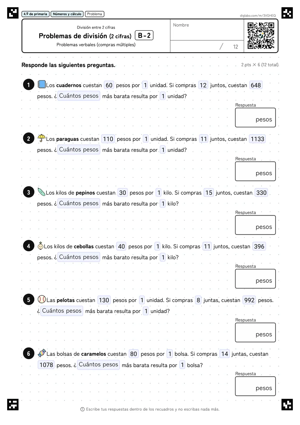 4.º de primaria División entre 2 cifras Problemas de división (2 cifras)