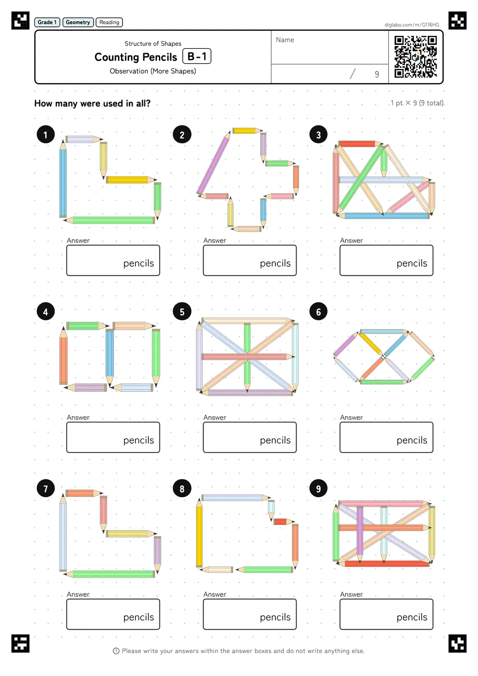 Grade 1 (Elementary School) Structure of Shapes Counting Pencils